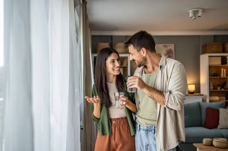 Young couple enjoying water together in living room
